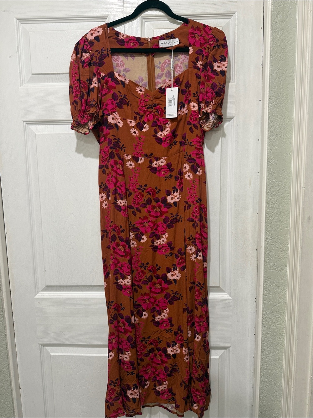 Petal and Pup Rust Floral Maxi Dress with Pink Blooms
